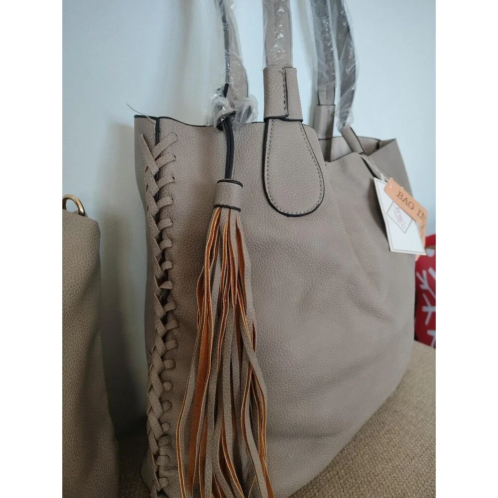Jen Co Tote Large Gray Bag In A Bag Tassel Pouch Purse Vegan Faux Leather Beige - Picture 13 of 16